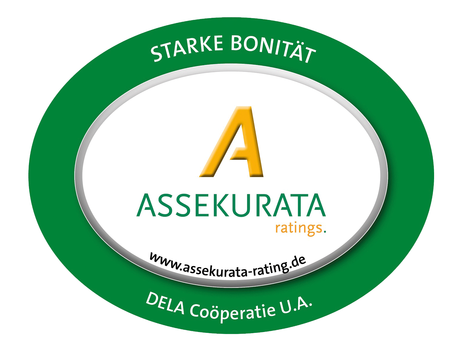 Ein Logo mit dem Text „Starke Bonität“, einem „A“ und dem Namen „ASSEKURATA ratings“ sowie der Website-Adresse.